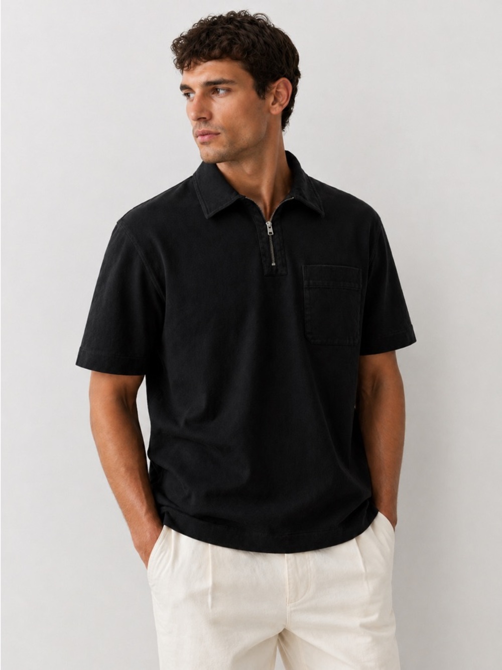 🔥 COS Cotton-Twill Half-Zip Polo Shirt | XS | Black | Minimal Luxe